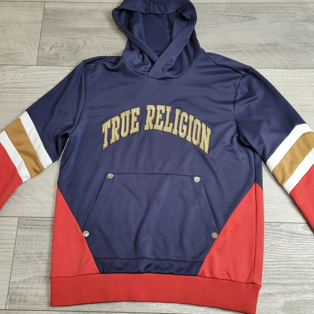 🧡Vintage True Religion Hoodie Unisex L Color Block Embroidered Sweatshirt Y2K